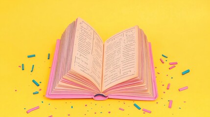 Open Book on Yellow Background Close Up Shot