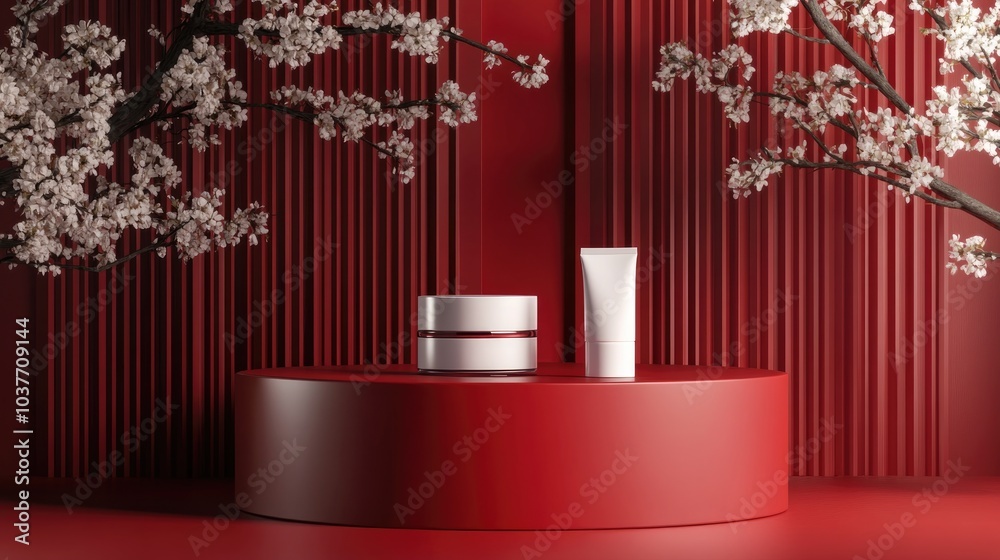 Poster 3d rendering of an empty product display for cream cosmetics with a modern red podium backdrop
