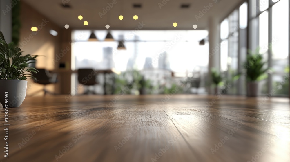 Poster 3d rendering of a blurred empty office space with abstract light bokeh in the interior background
