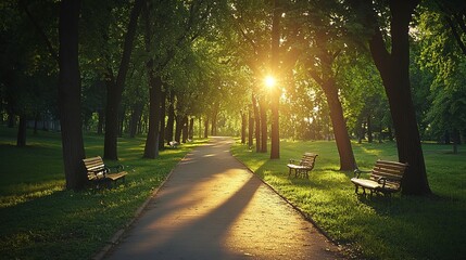 Obraz premium Serene park at sunrise soft golden light filtering through tall trees paved road curving through lush green grass benches lining the path Camera wide angle from ground level peaceful atmosphere 