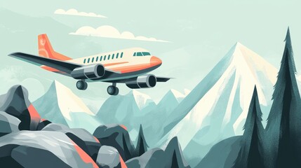 Fototapeta premium Scandinavian style children s landscape illustration featuring an aircraft flying over mountains playful banners with air transport and rocks ideal for nursery prints and modern cartoon themes
