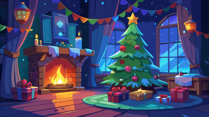 interior christmas. magic glowing tree, fireplace, gifts .
