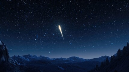 Cartoon rendering in 3D of a shining comet star against a starry night sky