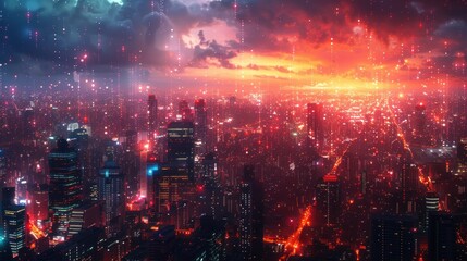 Fototapeta premium Futuristic Cityscape with Red Sky and Digital Rain