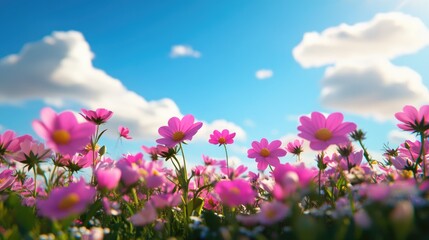3D cartoon depiction of a garden filled with pink cosmos flowers against a blue sky backdrop