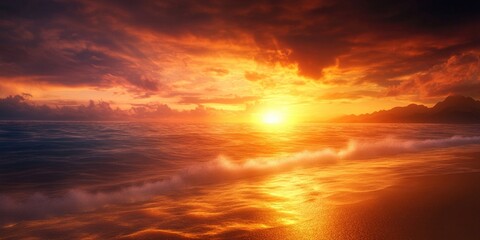 Fototapeta premium Serene sunrise over a tranquil beach, Peaceful dawn at a calm shoreline