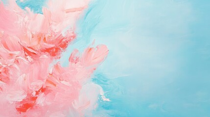Obraz premium Abstract oil painting featuring pastel coral pink hues against a soft blue background showcasing a fluid creative concept with ample copy space for a minimalist and luxurious aesthetic