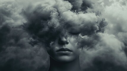 Imaginative portrayal of a human head surrounded by a dark cloud representing emotions of sadness depression and loneliness in a surreal and fantastical manner highlighting mental health themes
