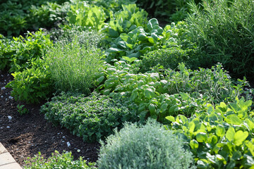 collection of lush culinary herbs thrives in well maintained garden bed under sunlight