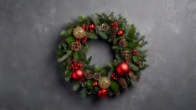 Top view to rich decorated Christmas festive wreath