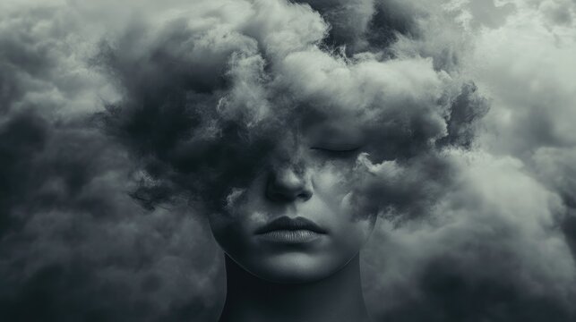 Imaginative portrayal of a human head surrounded by a dark cloud representing emotions of sadness depression and loneliness in a surreal and fantastical manner highlighting mental health themes