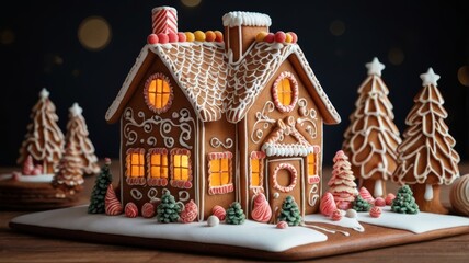 Fototapeta premium Magic Christmas market with handmade gingverbread houses and trees. Night sky with stars and huge moon on background.