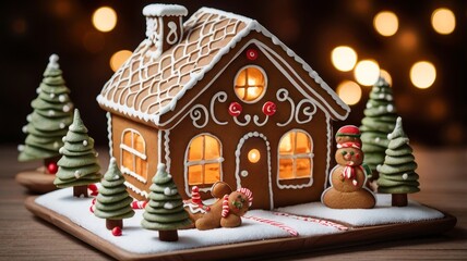 Magic Christmas market with handmade gingverbread houses and trees. Night sky with stars and huge moon on background.