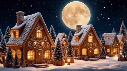 Fototapeta premium Magic Christmas market with handmade gingverbread houses and trees. Night sky with stars and huge moon on background.