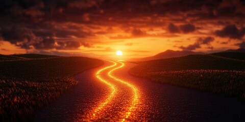 A vibrant orange sunset over a winding road and open plains, with light shimmering on the wet pavement amidst surrounding greenery
