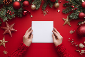 Top-view photo of hands holding a white square card on a Christmas red background. Mockup of  white sheet paper. Flat lay, copy space area for text or graphics. A template for greeting cards