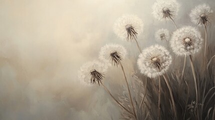 Oil painting depicting the natural beauty of dried dandelions against a softly blended background