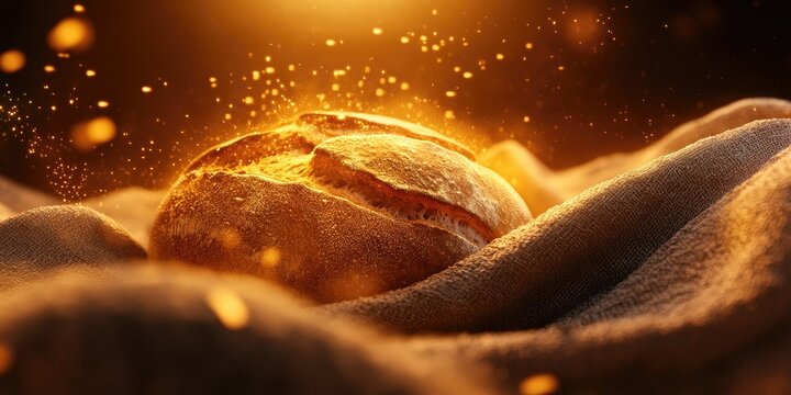 Freshly baked homemade sourdough bread, close-up view showcasing loaves on rustic fabric, highlighting traditional artisanal techniques, Artisanal sourdough bread on rustic fabric close-up