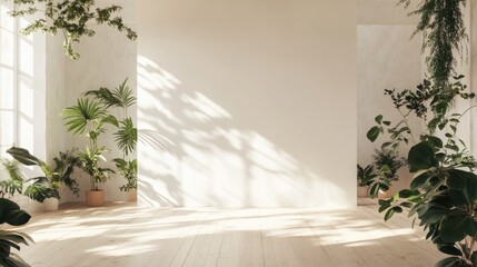 3D rendering of a white empty room featuring wooden flooring and green indoor plants in a Scandinavian interior design style