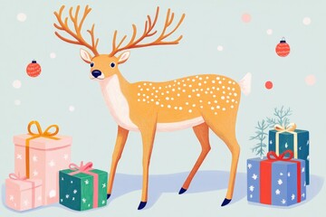 Golden reindeer surrounded by gifts on a festive green background