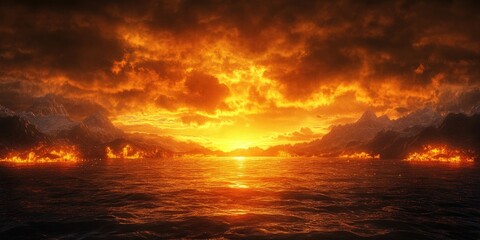 Sunset Views Over Land and Water, Scenic Sunset Over Landscape and Water