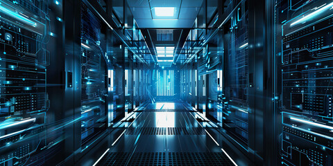 Modern server room corridor with advanced storage and networking technologies