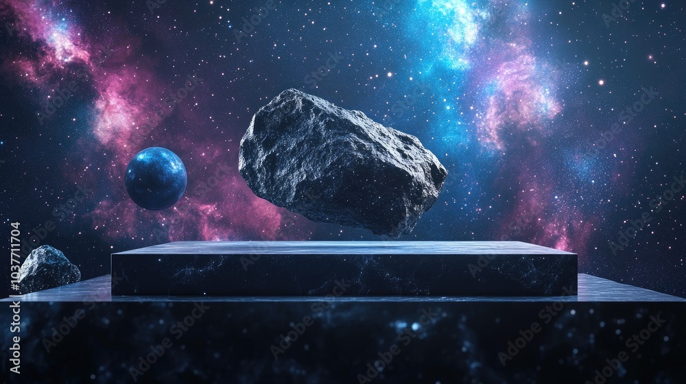 Wall mural abstract display podium featuring a floating rock stone asteroid in a cosmic galaxy environment for 