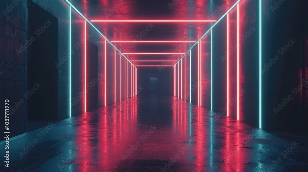 Poster futuristic abstract scene featuring glowing neon lines in a dark tunnel with reflections on the floo