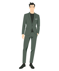 Vector illustration of a man in a dark green suit with a black shirt underneath. Formal and elegant style