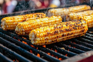 Close-up of Grilled Corn on the Cob with Smoke Rising