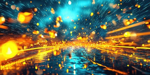 Naklejka premium Morning reflections on wet streets, Morning reflections on rain-soaked pavement