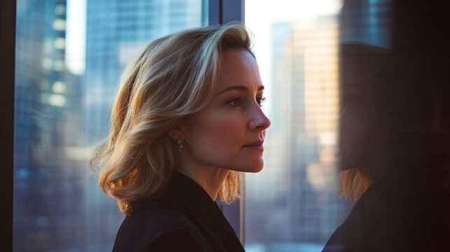 Businesswoman standing by a window, her face half-lit by natural light, city skyline blurred in the distance