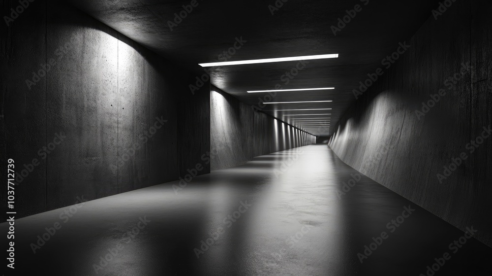 Poster 3d rendering of an abstract dark concrete tunnel design featuring dynamic lighting