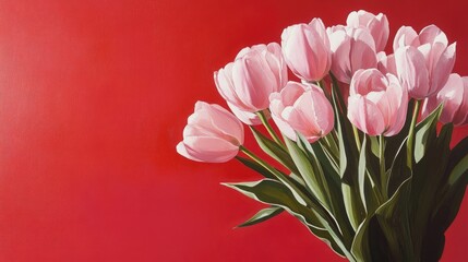 Obraz premium Oil painting featuring a bouquet of pink tulips against a red background highlighting the floral arrangement and color contrast