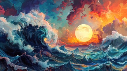 A vibrant and imaginative surreal depiction of ocean waves and seascape