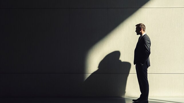 Businessman standing in an office corner, hands in pockets, head bowed, harsh overhead lighting casting stark shadows, side-angle shot capturing the emotional weight of burnout.b