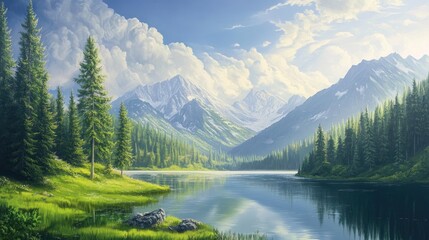 Oil painting depicting a serene mountain corner with pine forests around a picturesque lake capturing the beauty of a tranquil morning landscape