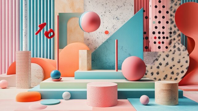 Podium and stand set against a pastel background with scattered objects Premium geometric backdrop suitable for promoting various goods items bags and shoes Trendy illustration and graphic design 