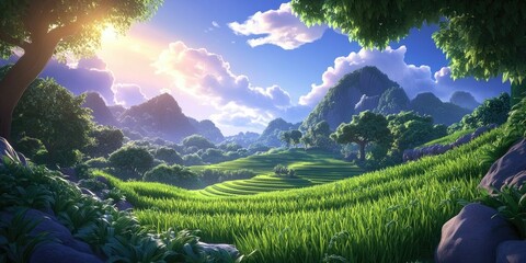 Lush rice field landscape in a rural setting, Lush rice field scenery in a countryside setting