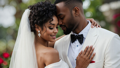 African American Couple Embracing on Their Wedding Day