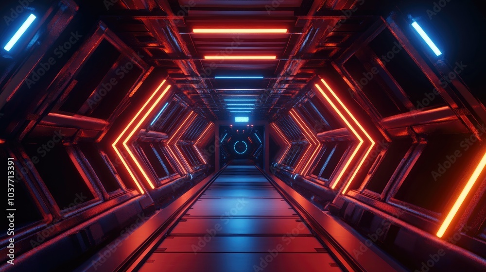 Poster 3d rendering of a dark abstract sci fi tunnel featuring a futuristic triangular spaceship corridor