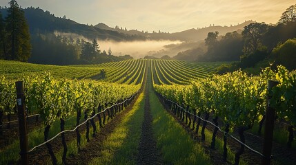 Fototapeta premium A sprawling vineyard at sunrise, golden light bathing rows of grapevines, wide-angle shot capturing the lush green vines stretching into the misty distance, with dew glistening on the leaves. 