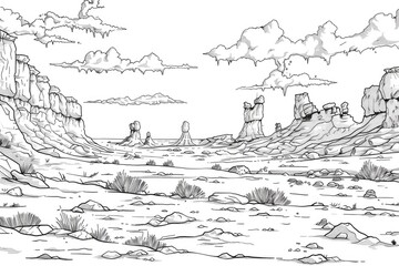 Fototapeta premium Coloring book illustration of clear skies over a winter landscape with unique rock formations