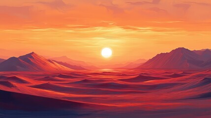 Sunset over red desert mountains.