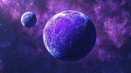 Naklejka premium A purple and blue planet in deep space with two moons depicted in 3D cartoon rendering Digital 3D illustration