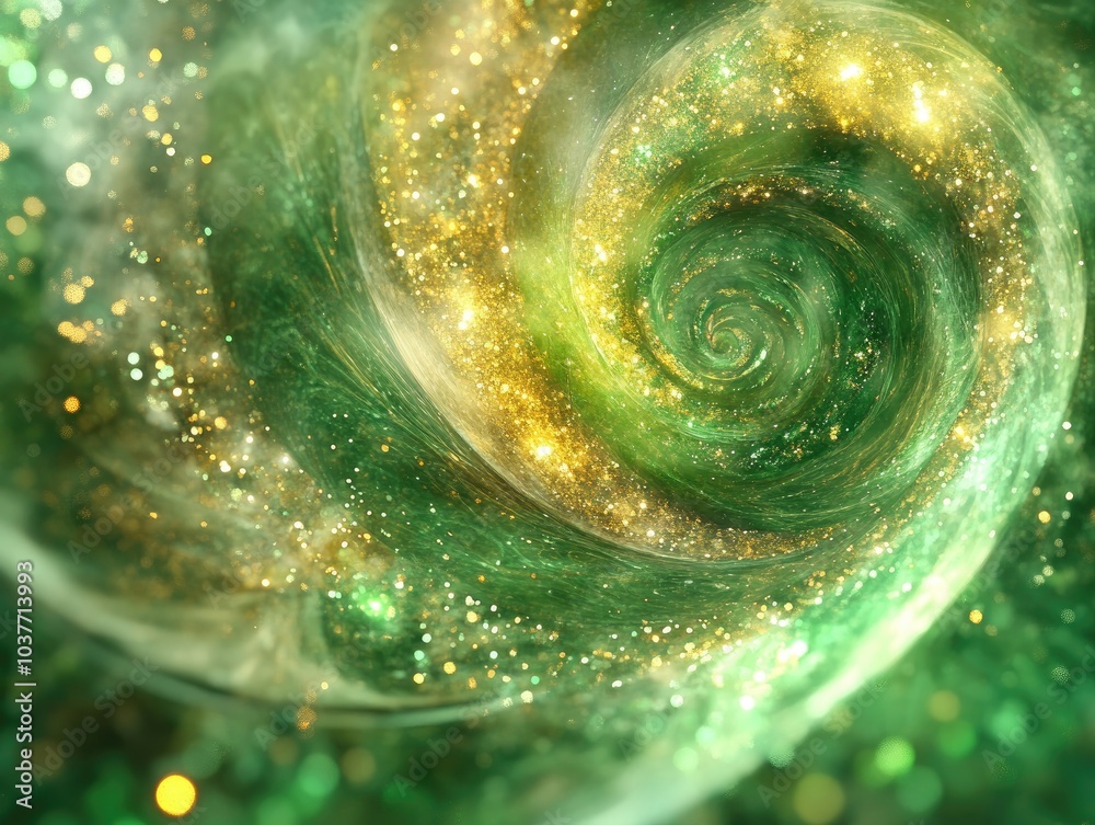 Poster glittering swirl with an abstract background featuring green and gold sparkles a fantasy fractal tex