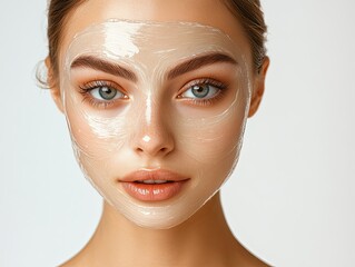 photo of a woman's face with a facial mask applied, glowing skin underneath