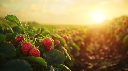 A lush strawberry field at sunrise, golden light illuminating rows of vibrant green plants dotted with ripe red strawberries, wide-angle shot capturing the vast field stretching into the misty horizon