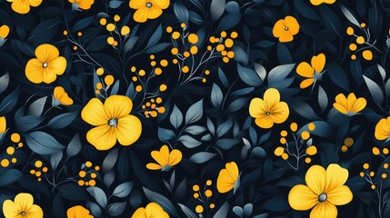 Seamless floral pattern featuring decorative plants and yellow flowers illustrated on a deep continuous background Trendy depiction of stylized botanical elements