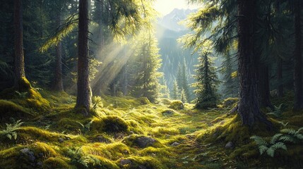 Fototapeta premium Oil painting depicting sunlight filtering through a light spruce forest with moss and ferns covering the soil set against a backdrop of mountains